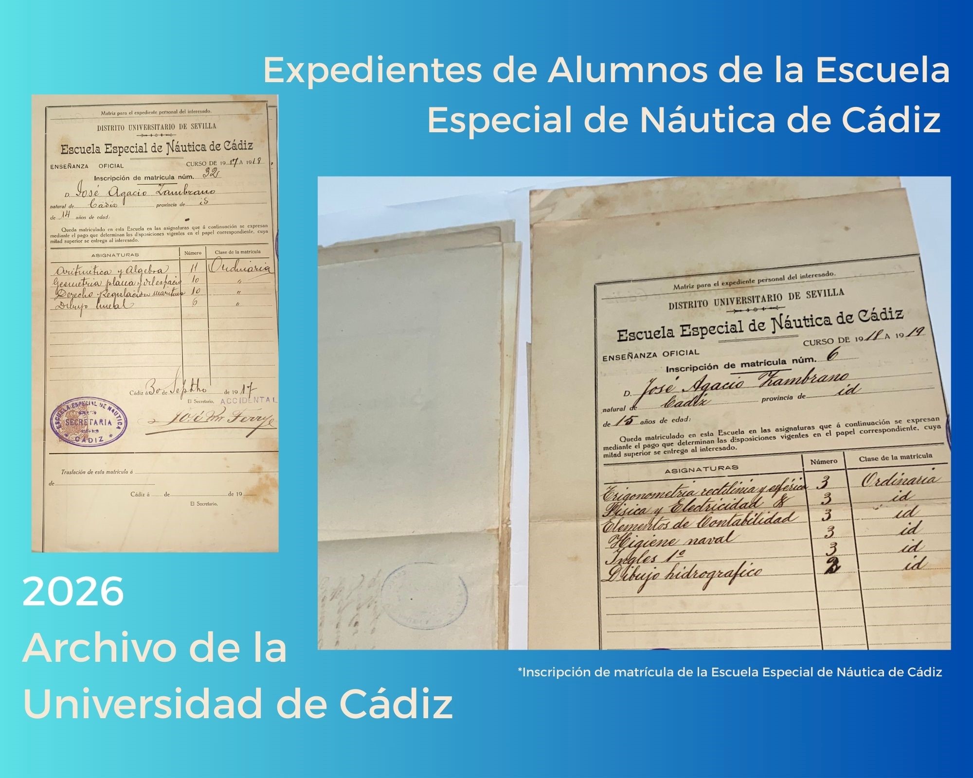 Descripción de expedientes de alumnos de la Escuela Especial de Náutica de Cádiz.